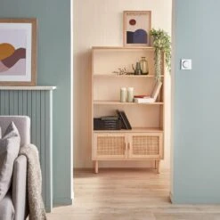 Etagère Bibliothèque Cannage Et Effet Bois 3 Niveaux 2 Portes