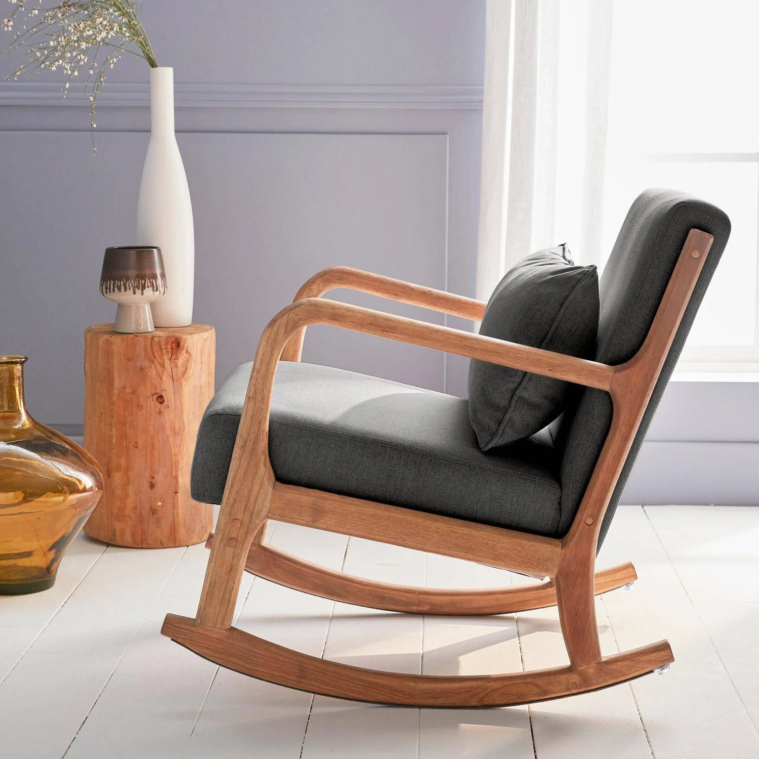 Rocking Chair Scandinave Bois Et Tissu Couleur : Gris Foncé – Image 2
