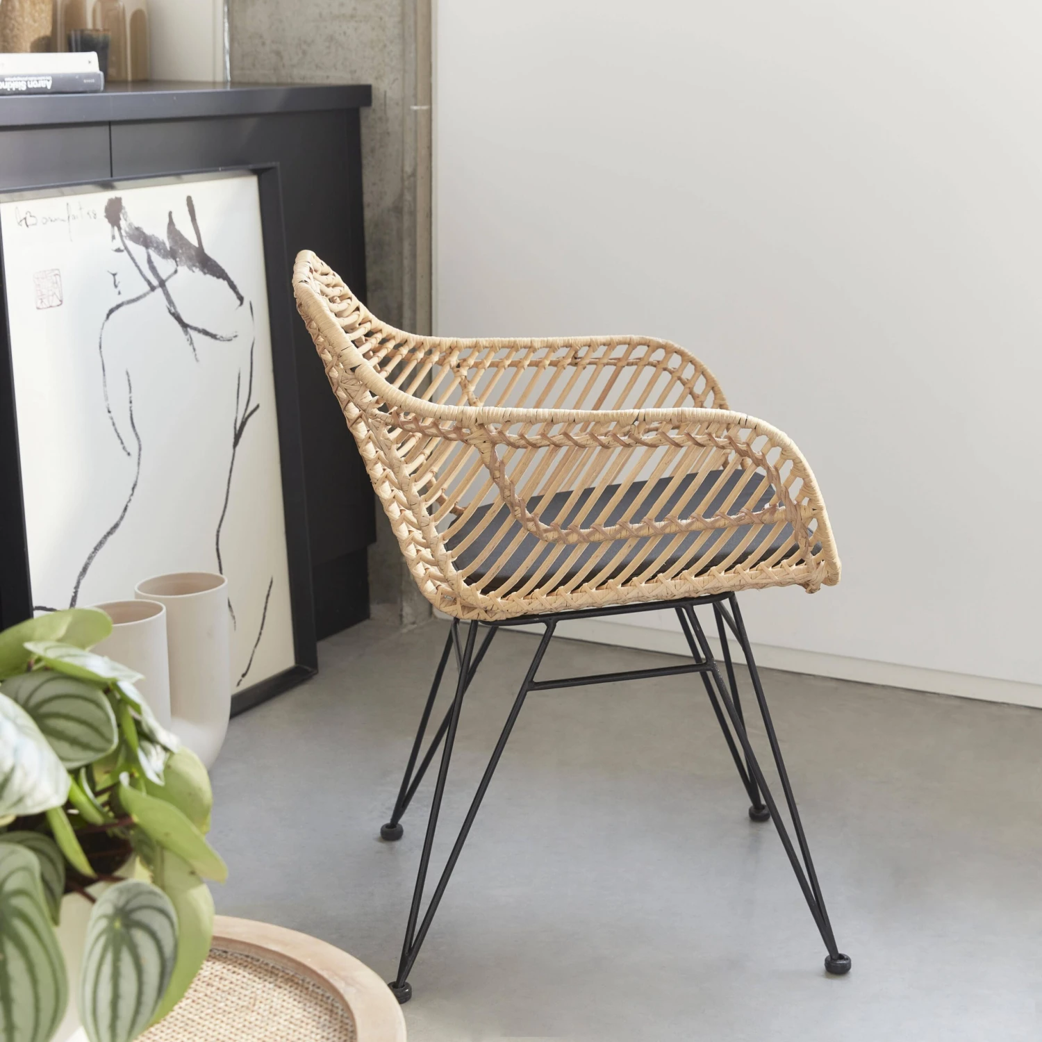 Fauteuil En Rotin Naturel Et Métal Couleur : Noir – Image 2