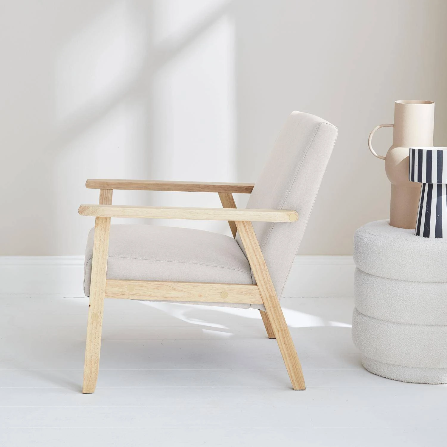 Fauteuil Scandinave Bois Et Tissu Couleur : Crème – Image 2