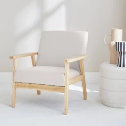 Fauteuil Scandinave Bois Et Tissu Couleur : CrĂšme