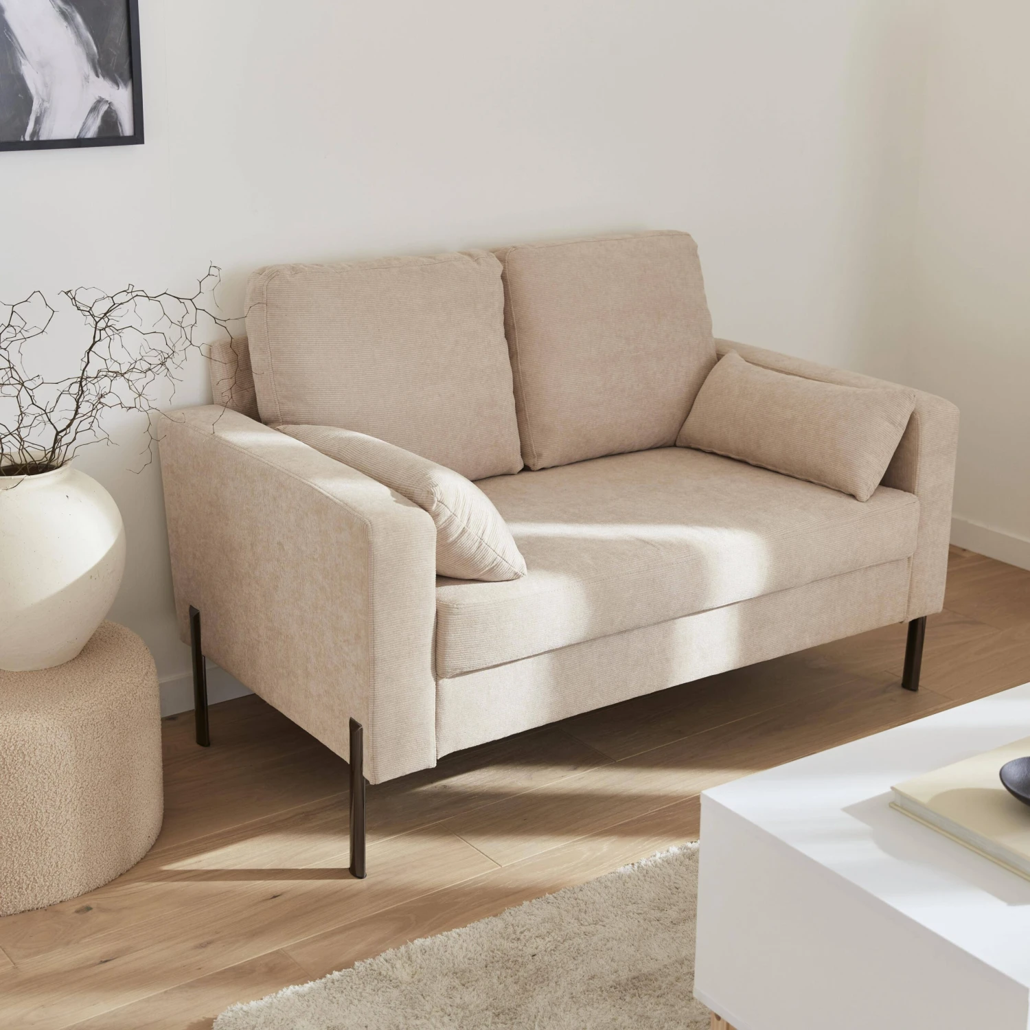 Canapé 2 Places Velours Côtelé, Pieds Métal – Image 2