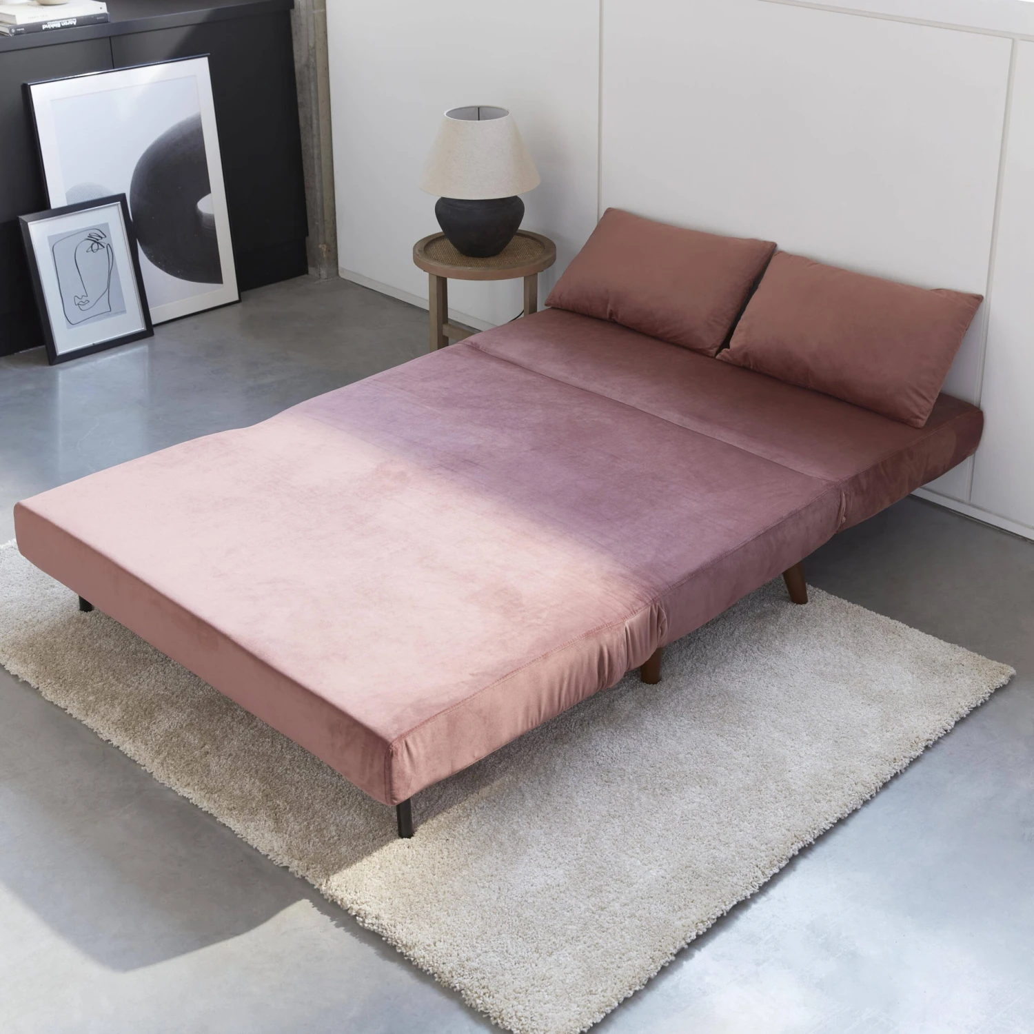 Canapé Convertible 2 Places Tissu, Pieds Bois Couleur : Vieux Rose – Image 2