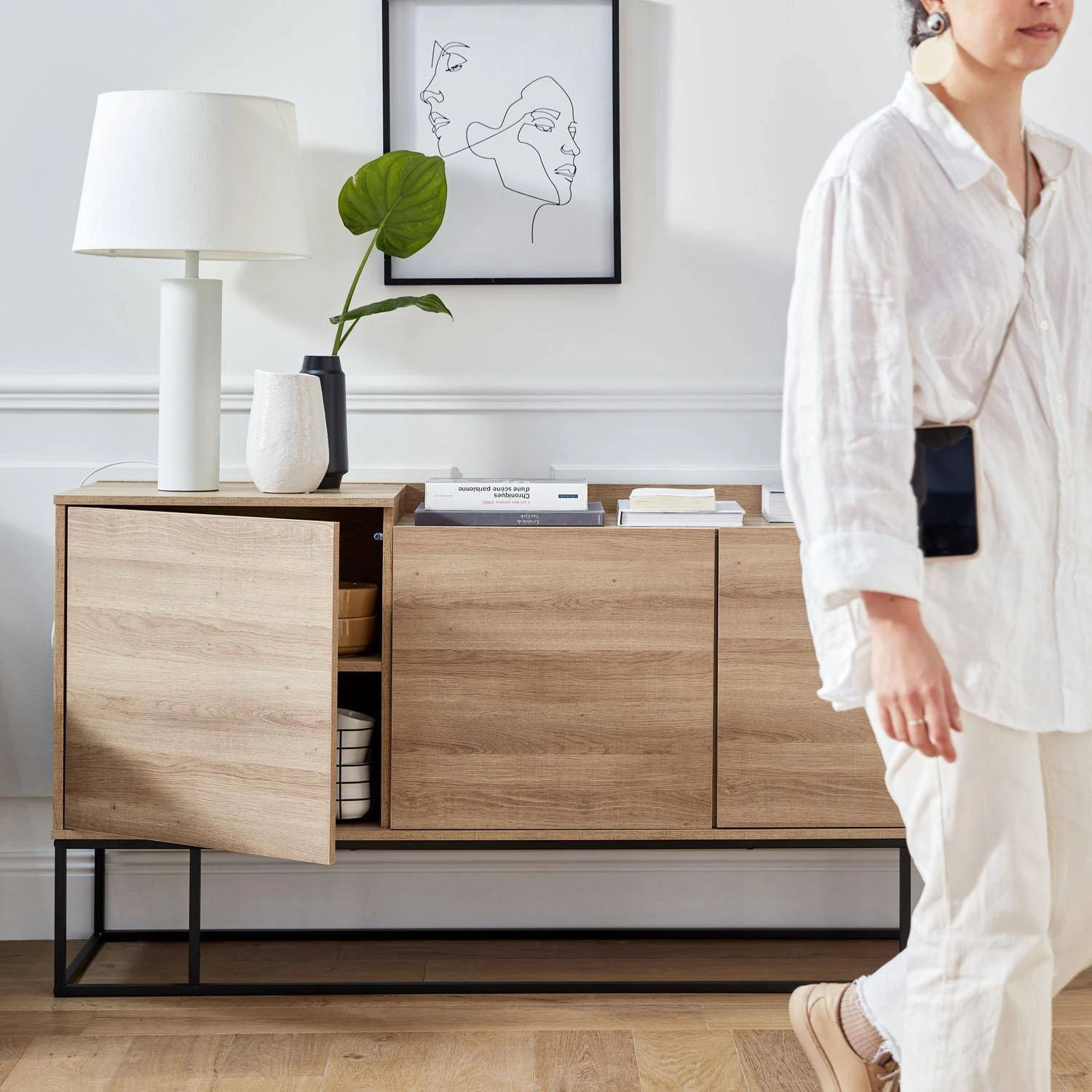 Buffet Métal Et Effet Bois 3 Portes 160 Cm