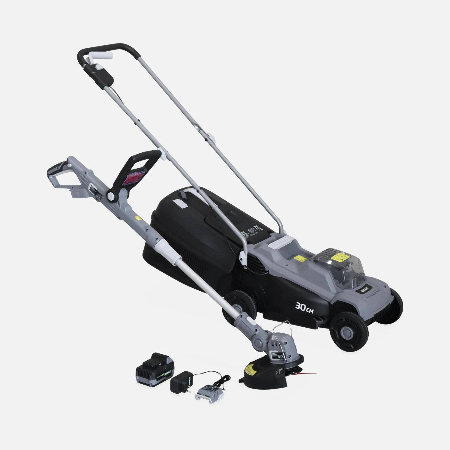 Tondeuse à Gazon à Batterie 20V, 30cm + Débrousailleuse 20V