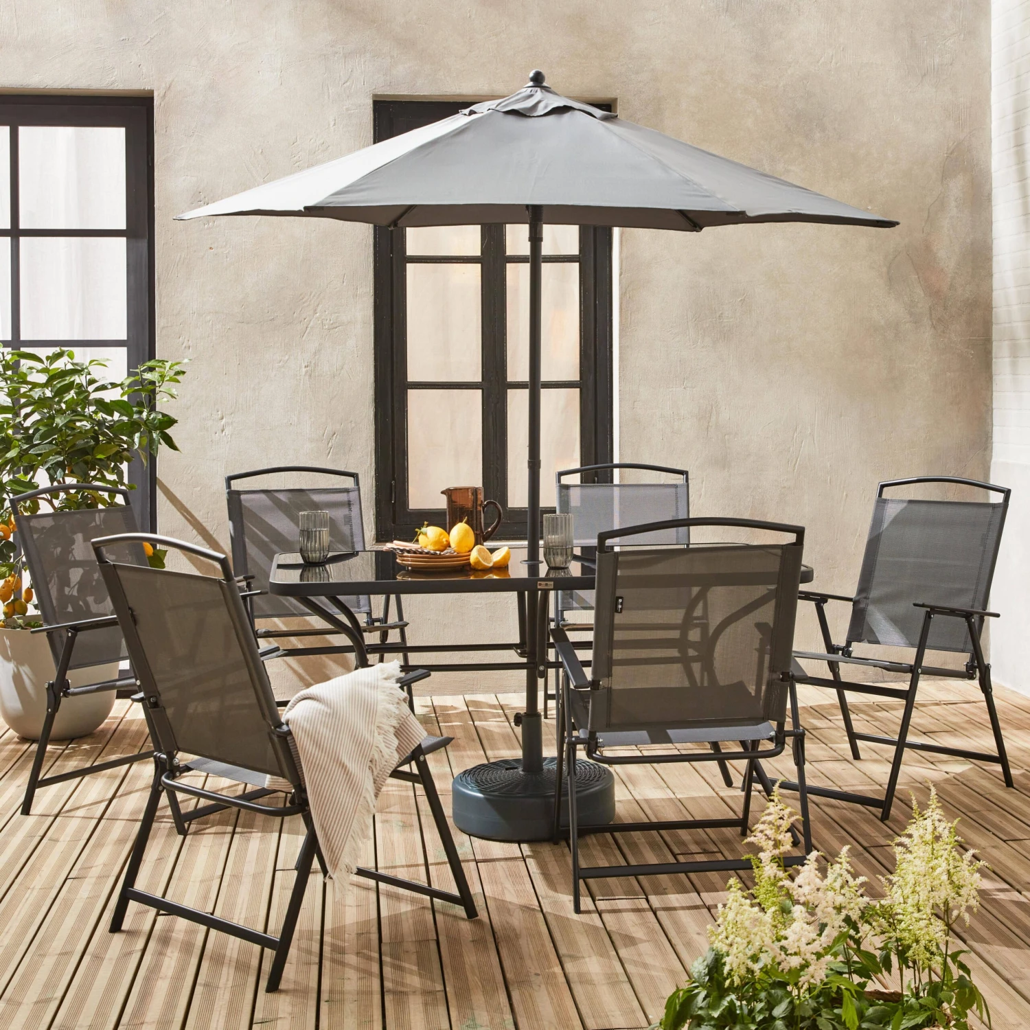 Table De Jardin Acier, 6 Fauteuils Et 1 Parasol