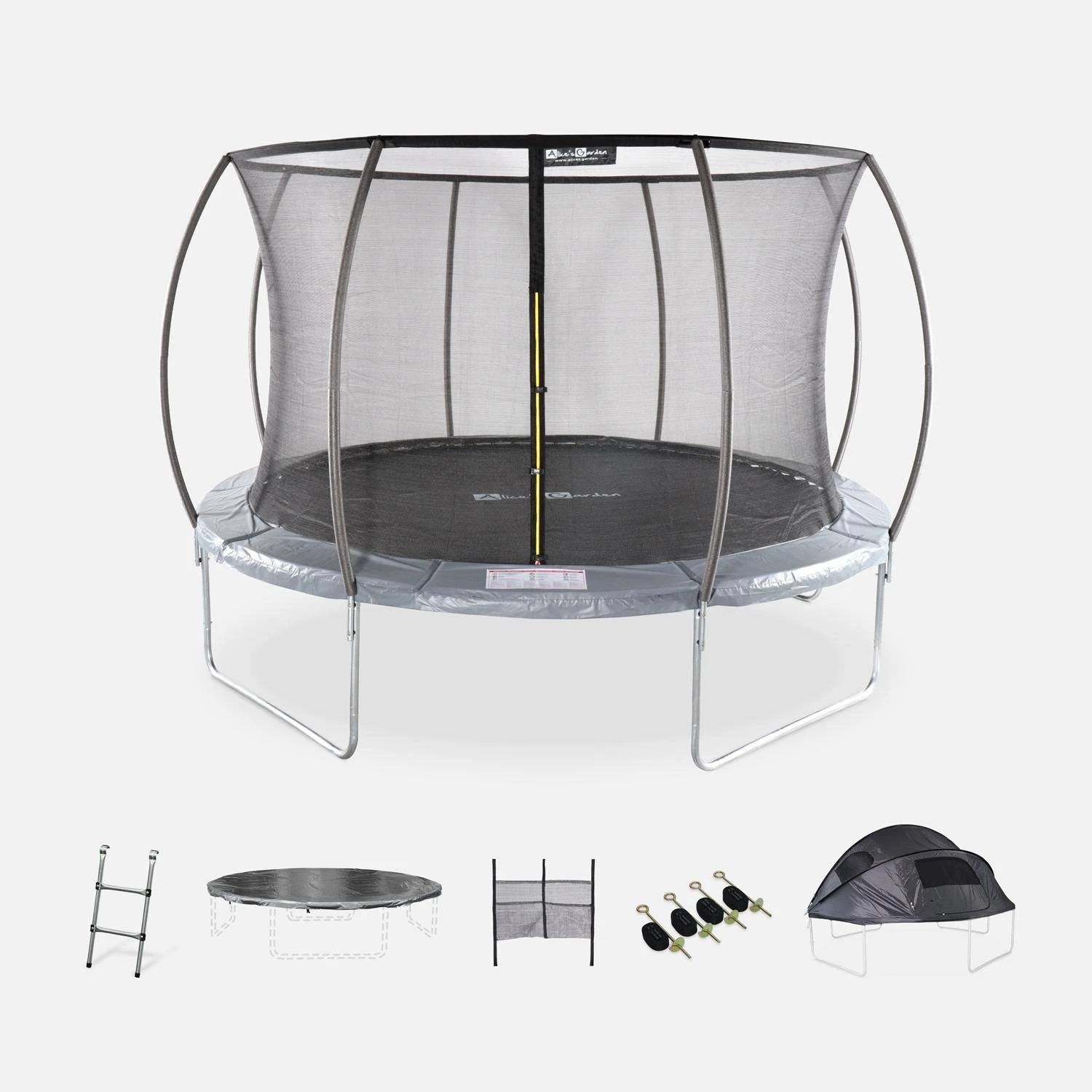 Trampoline 370cm Filet Intérieur Avec Pack D'accessoires + Tente De Camping