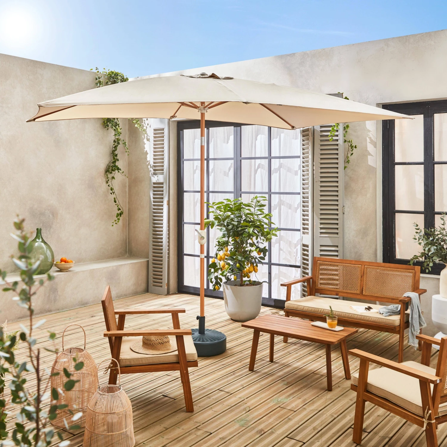 Parasol Rectangulaire 2x3m, Mât Effet Bois Couleur : Sable