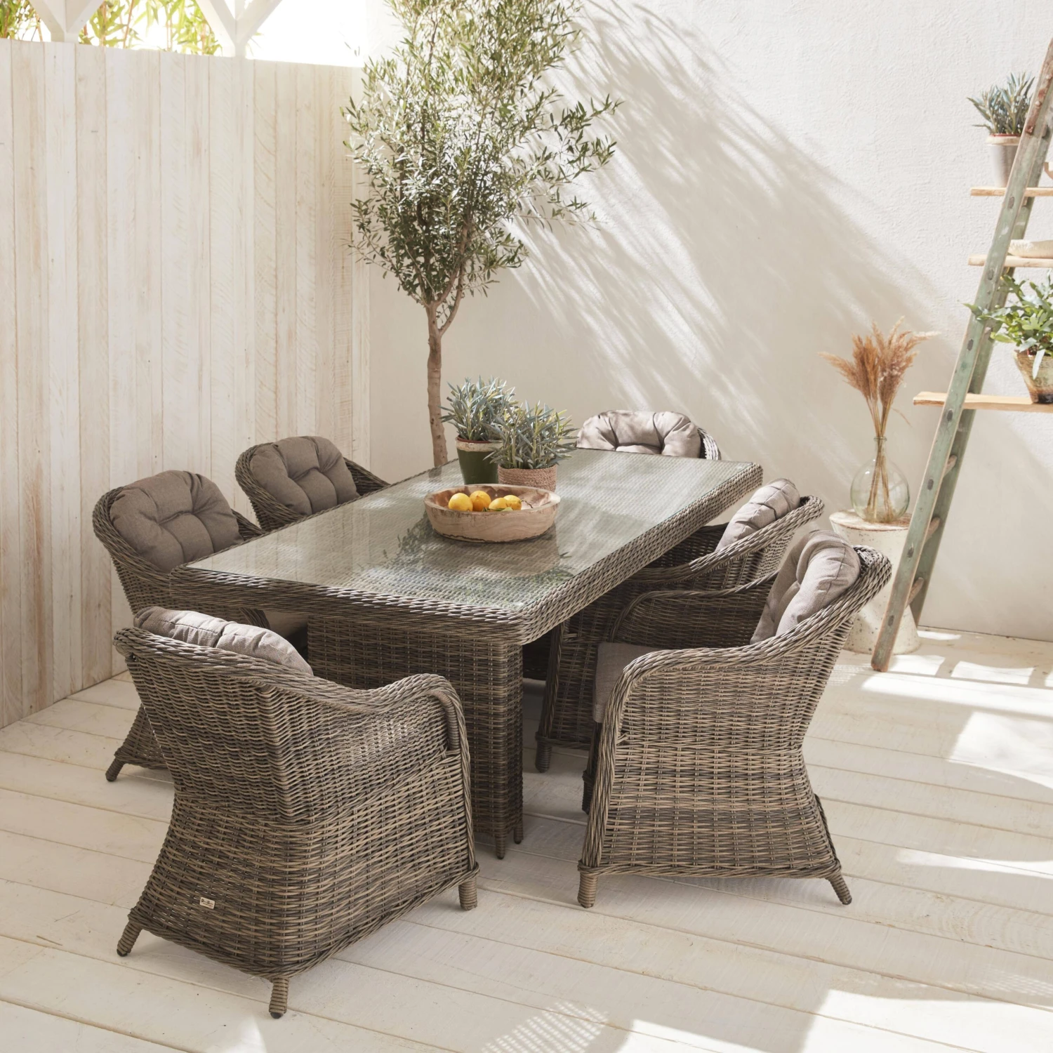 Table De Jardin Résine Arrondis , 6 Fauteuils