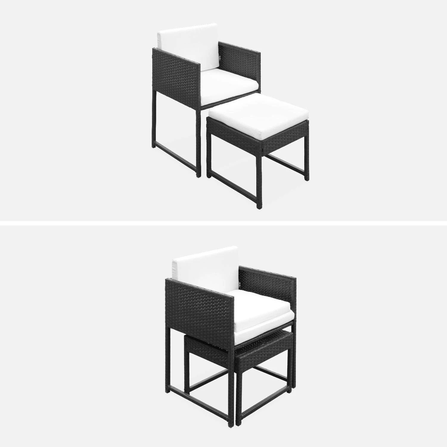Salon De Jardin Encastrable Résine Tressée 4 Chaises, 4 Poufs Couleur : Noir / Ecru – Image 5