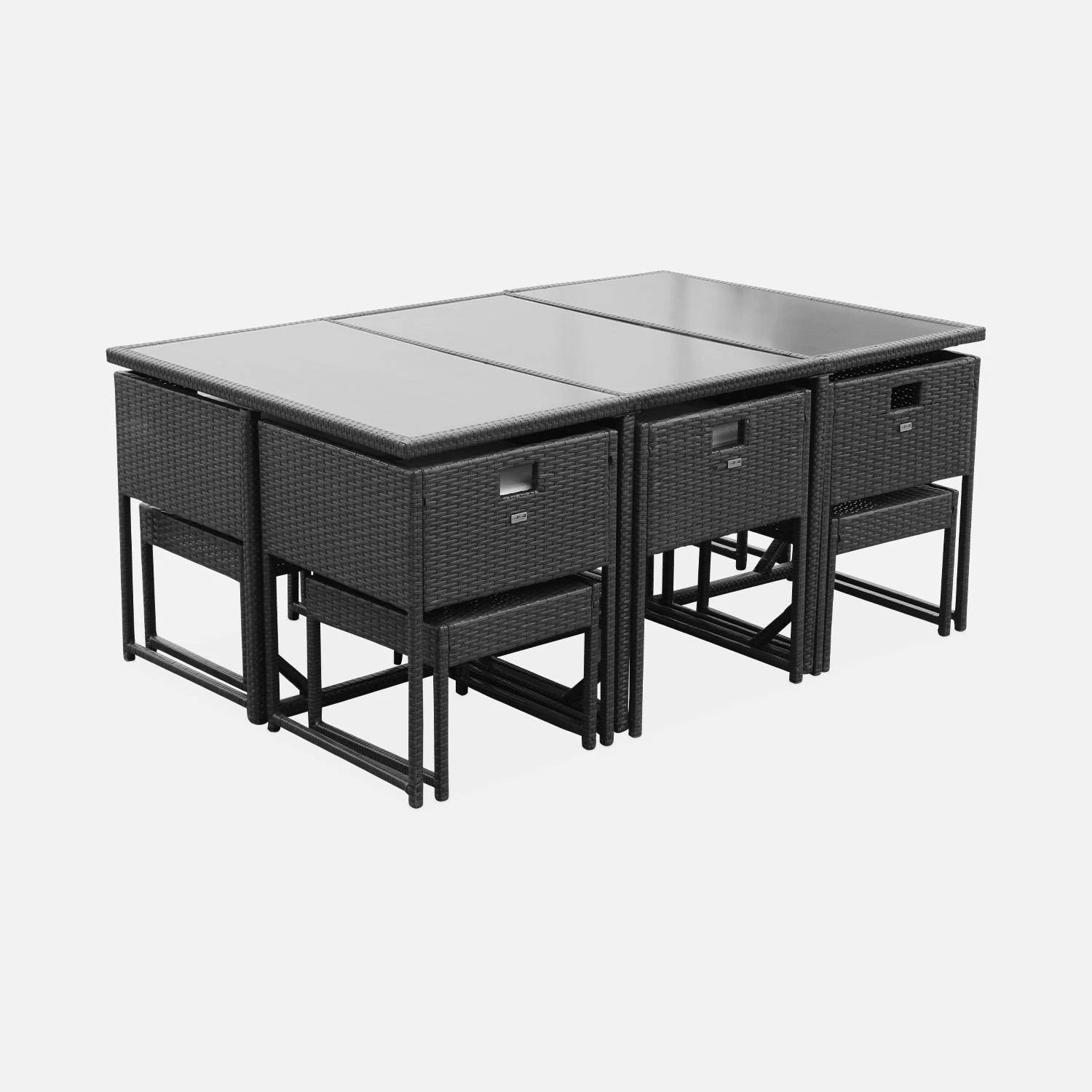 Table De Jardin Encastrable Résine Tressée 6 Chaises, 4 Poufs Couleur : Noir / Ecru – Image 3