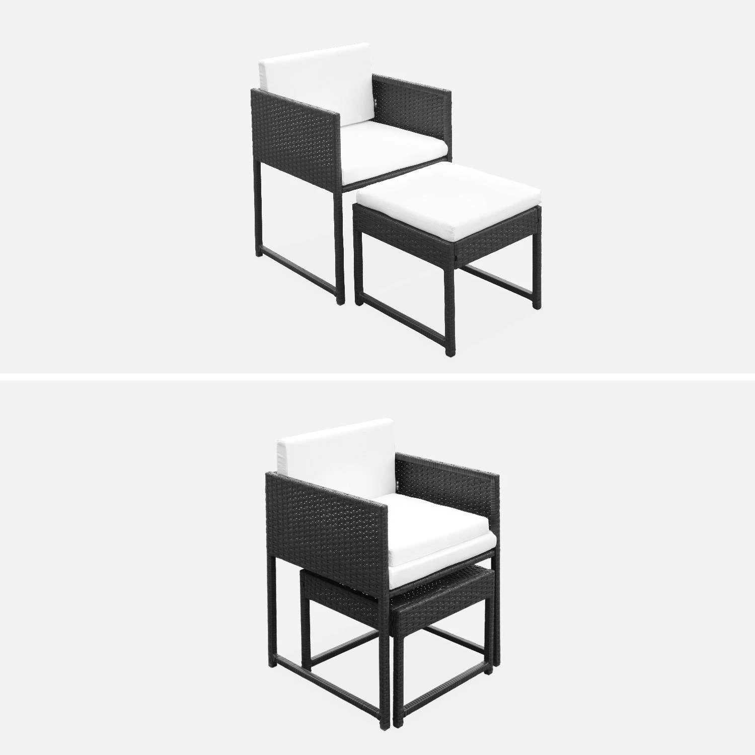 Table De Jardin Encastrable Résine Tressée 6 Chaises, 4 Poufs Couleur : Noir / Ecru – Image 5