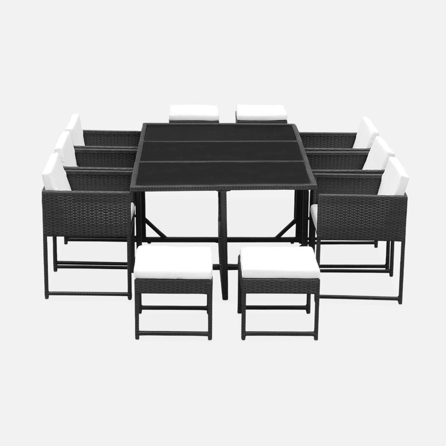 Table De Jardin Encastrable Résine Tressée 6 Chaises, 4 Poufs Couleur : Noir / Ecru – Image 2