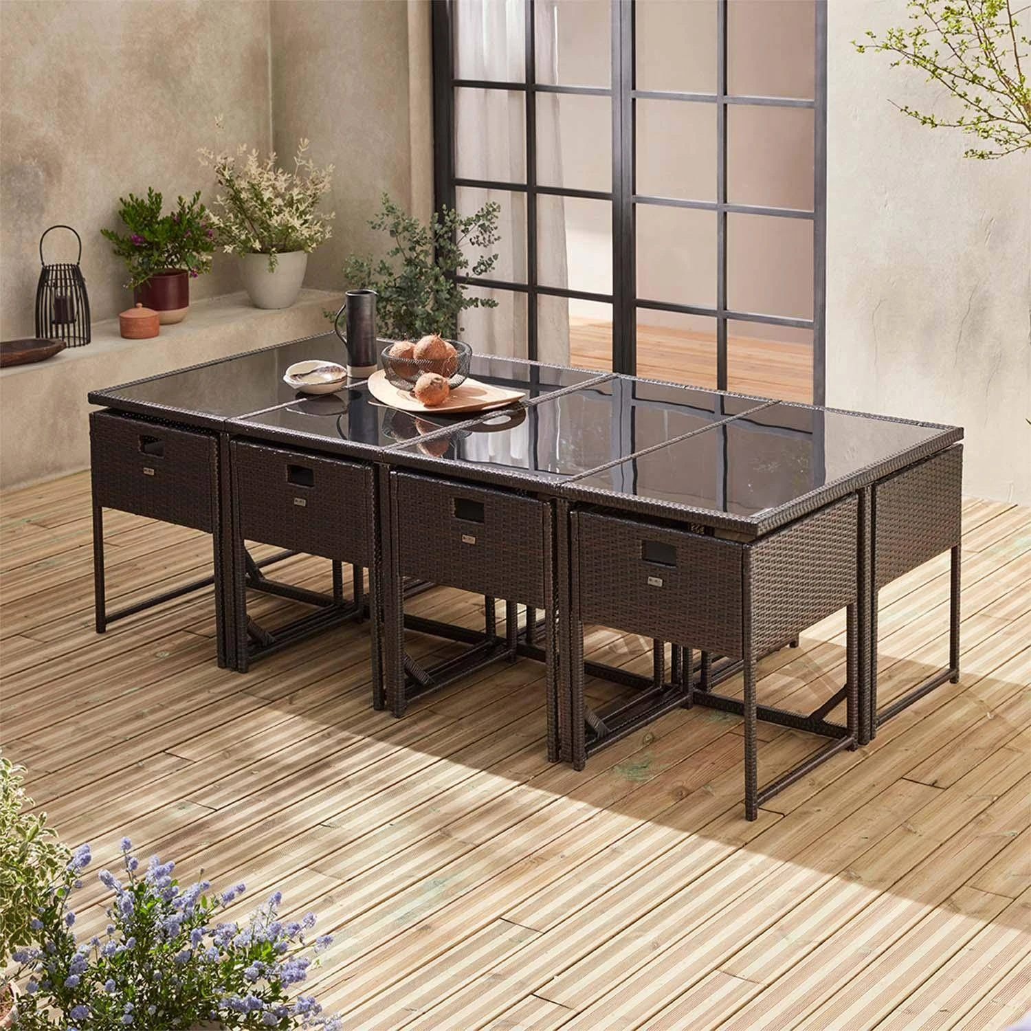 Table De Jardin Encastrable Résine Tressée, 8 Chaises Couleur : Marron – Image 2