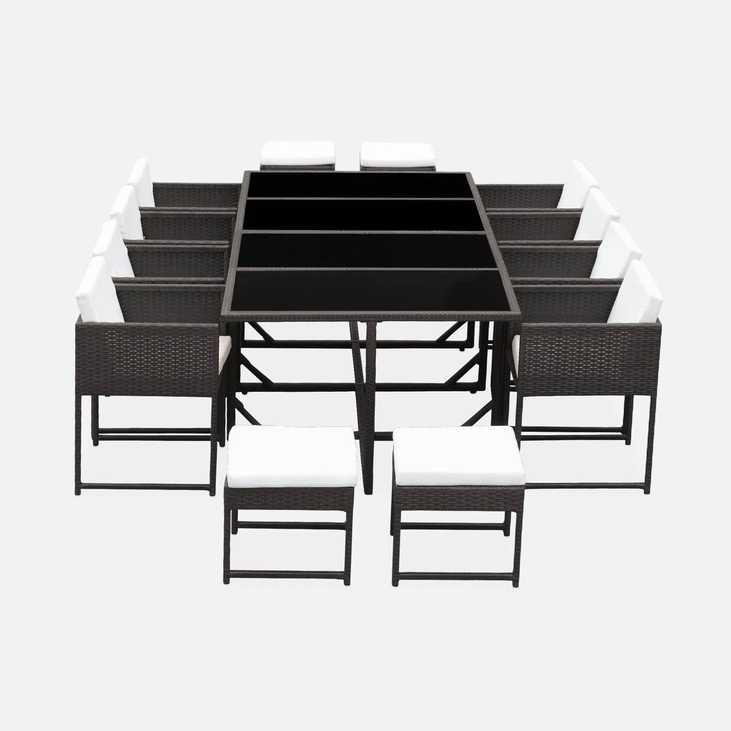 Table De Jardin Encastrable Résine Tressée 8 Chaises, 4 Poufs Couleur : Marron / Ecru – Image 2