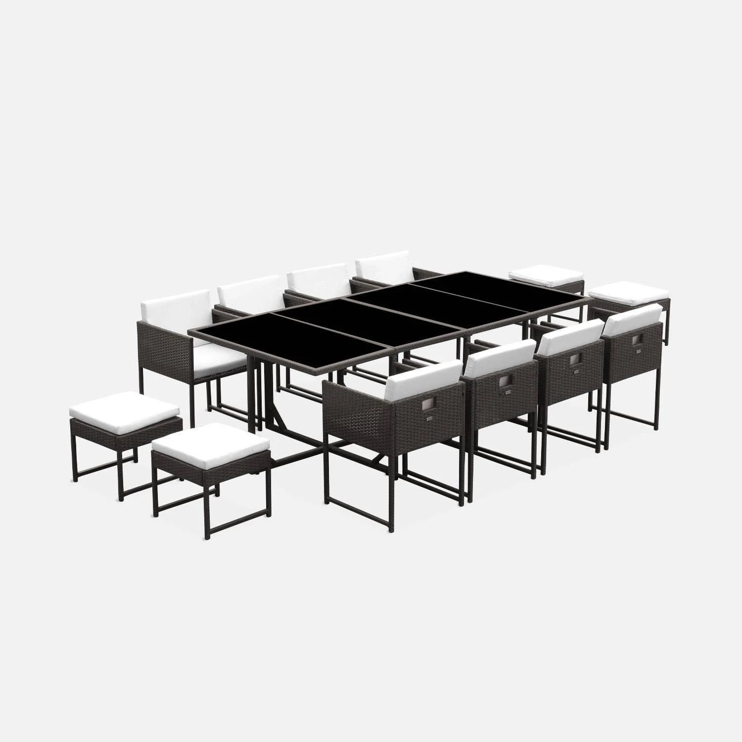 Table De Jardin Encastrable Résine Tressée 8 Chaises, 4 Poufs Couleur : Marron / Ecru