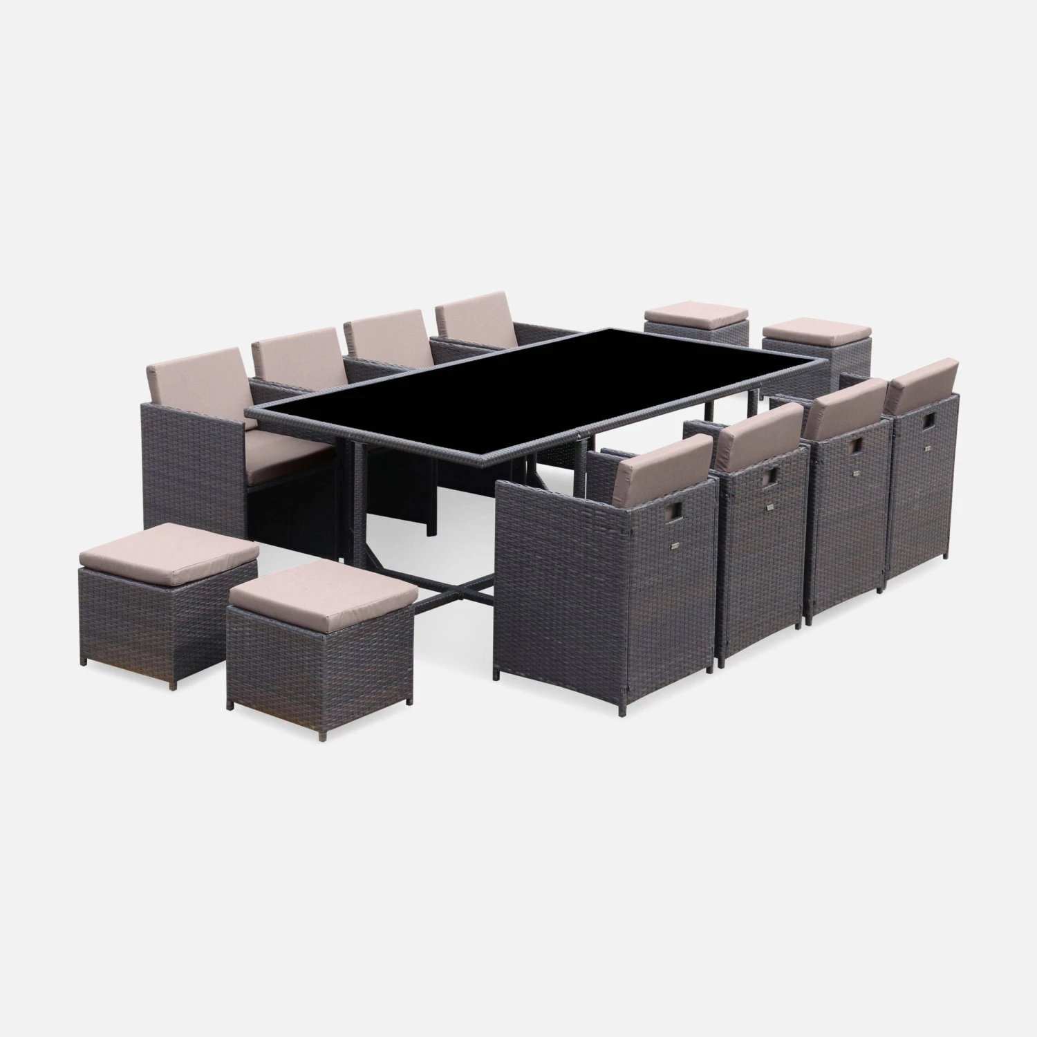 Table De Jardin Encastrable Résine Tressée, 12 Fauteuils Couleur : Marron / Taupe – Image 2