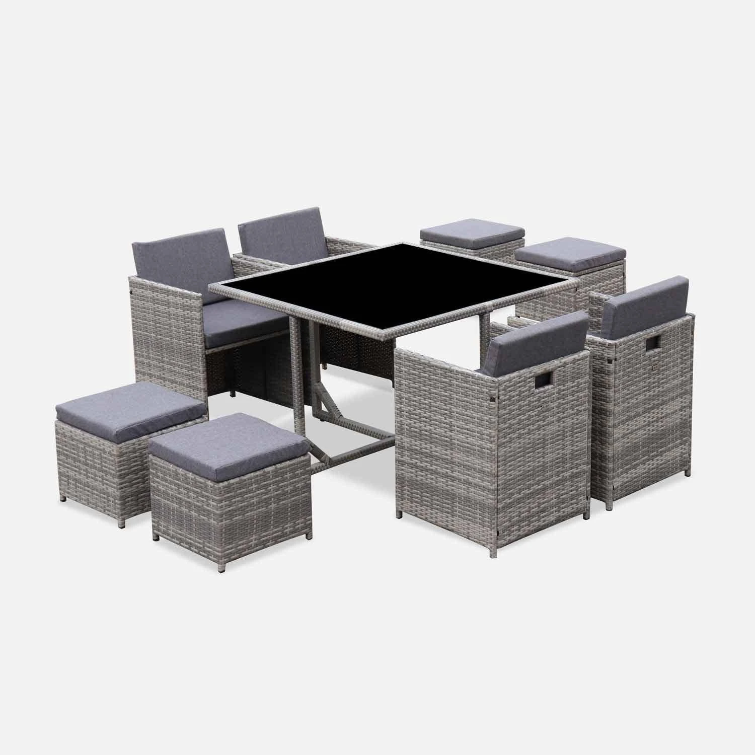 Table De Jardin Encastrable Résine Tressée, 8 Fauteuils Couleur : Nuances De Gris / Gris Chiné – Image 2