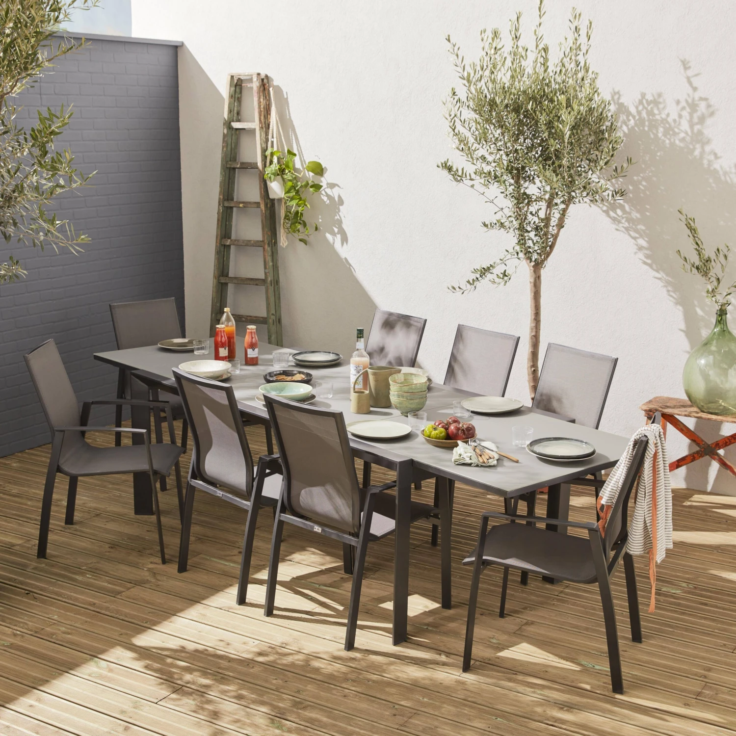 Table De Jardin Extensible Aluminium, 8 Chaises Couleur : Gris Foncé / Gris Taupe